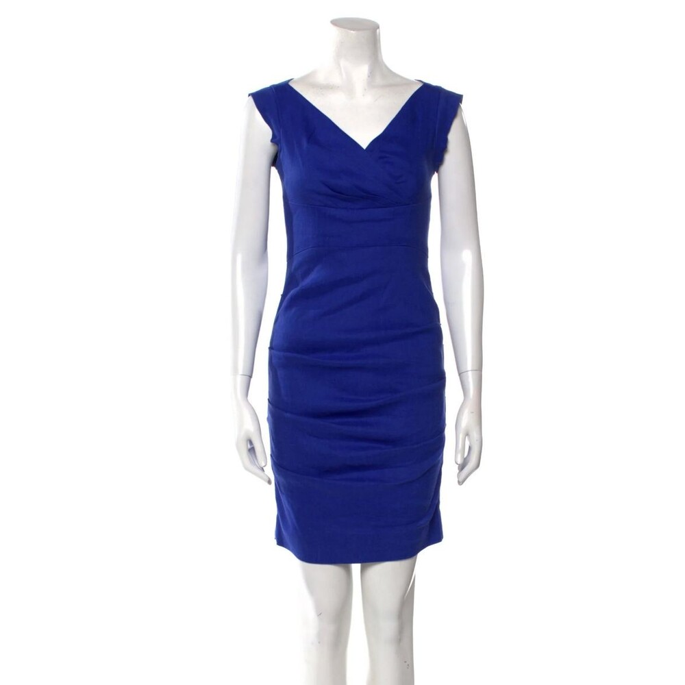 NWT Nicole Miller Artelier Linen Blend V-neck Blue Sheath Pleated Dress size 2
